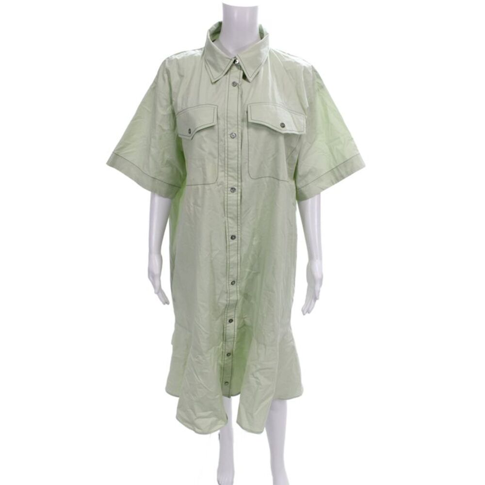 Sea Women Shirt Dress Green Cotton Collared Short Sleeve Midi Size XL